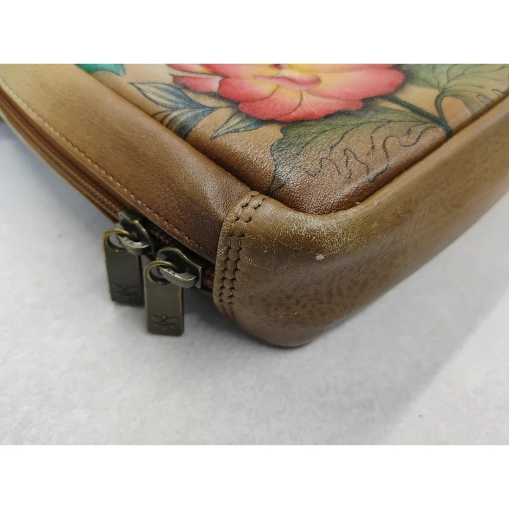 ANUSCHKA Leather Shoulder Bag Hand Painted Colorful Dragonfly & Floral Design‎